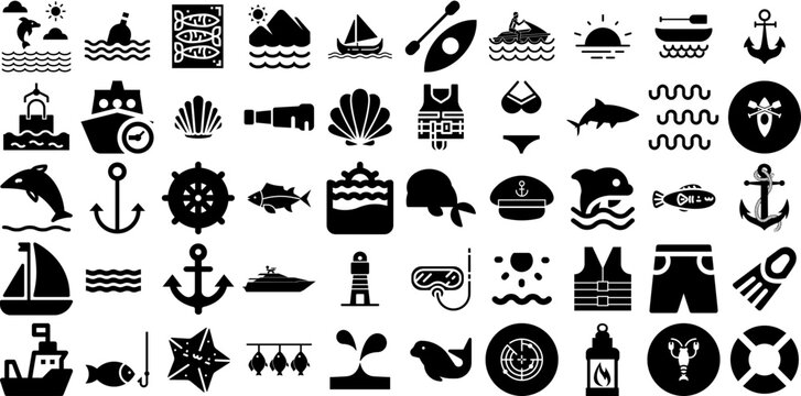 Huge Set Of Sea Icons Set Flat Cartoon Pictogram Creature, Anchor, Tortoise, Icon Elements For Computer And Mobile