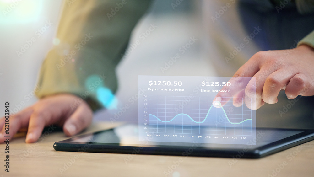 Poster Woman, hands and tablet with 3d hologram of graph or chart for data statistics or analytics on office desk. Hand of female person or trader on technology in finance, profit or cryptocurrency on table