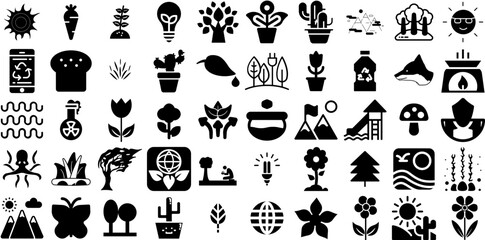 Massive Set Of Nature Icons Collection Hand-Drawn Linear Modern Pictograms Cactus, Line, Set, Blossom Elements Vector Illustration - obrazy, fototapety, plakaty