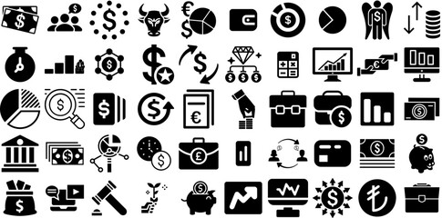 Big Set Of Finance Icons Collection Flat Concept Silhouette Coin, Giving, Court, Finance Pictograph Vector Illustration