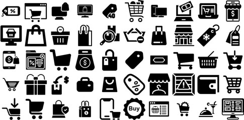 Big Set Of Shopping Icons Bundle Hand-Drawn Black Vector Symbols Goodie, Shopping Centre, Purchase, Mark Silhouette Isolated On Transparent Background