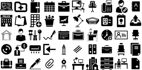 Huge Set Of Office Icons Collection Hand-Drawn Isolated Drawing Silhouettes Tool, Person, Set, Condo Symbol For Computer And Mobile