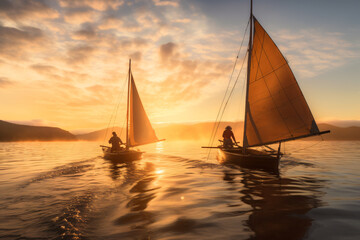 Obraz na płótnie Canvas Female and a male sailing with canoes close to each other at sunset photography