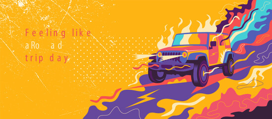 Abstract lifestyle graffiti design with a monster truck and colorful splashing shapes. Vector illustration © ryanbagoez