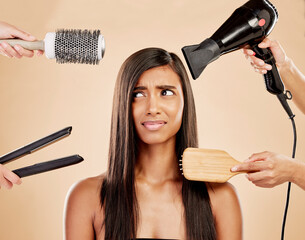 Hair, tools and worry of woman with product for beauty, heat treatment and unhappy on studio...