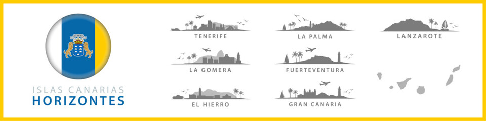 Horizontes de las Islas Canarias, Siluetas de Tenerife, La Palma, Gran Canaria, Fuerteventura, Lanzarote, El Hierro. Destinos turísticos tropicales españoles. Colección de Paisajes Exóticos. © Marek