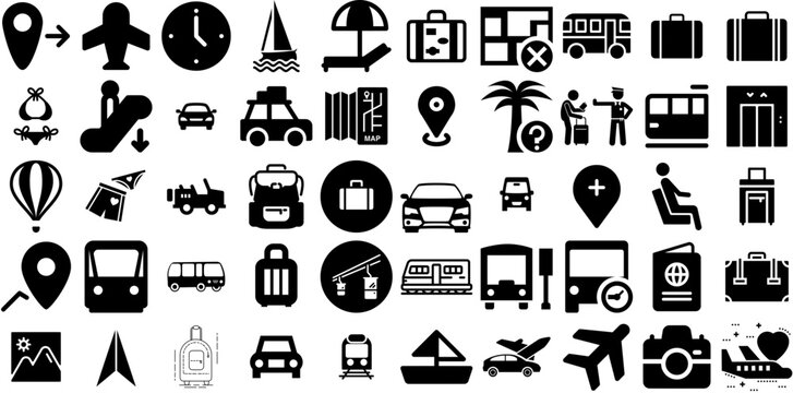Huge Collection Of Travel Icons Collection Hand-Drawn Black Cartoon Clip Art Yacht, Pointer, Photo Camera, Silhouette Logotype Vector Illustration