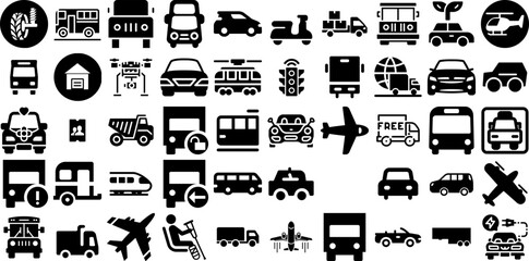 Mega Set Of Transportation Icons Pack Hand-Drawn Solid Drawing Web Icon Set, Funicular, Global, Bus Silhouette Vector Illustration