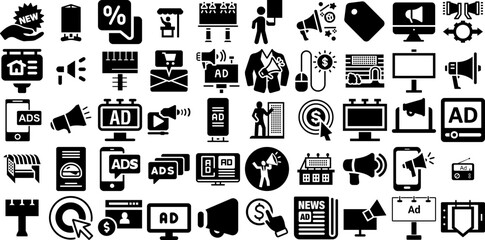 Mega Collection Of Advertising Icons Set Hand-Drawn Linear Infographic Symbol Speaker, Infographic, Icon, Attract Symbol For Computer And Mobile