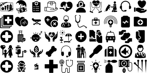 Big Set Of Care Icons Collection Hand-Drawn Solid Vector Symbol Health, Silhouette, Laundered, Finance Silhouette Isolated On White - obrazy, fototapety, plakaty