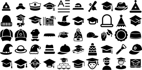 Mega Set Of Cap Icons Collection Hand-Drawn Linear Modern Silhouette Festival, Academic, Pub, Icon Symbols Vector Illustration