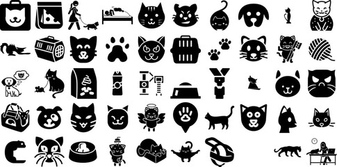 Massive Collection Of Cat Icons Set Flat Concept Signs Icon, Tail, Silhouette, Profile Signs Isolated On White Background