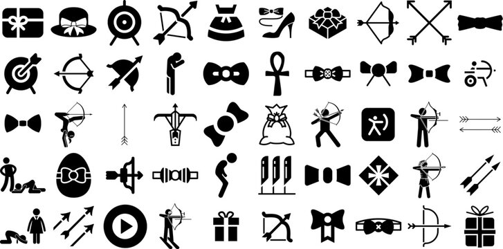 Big Set Of Bow Icons Pack Solid Design Pictogram Attaching, Icon, Celebration, Archer Buttons Vector Illustration