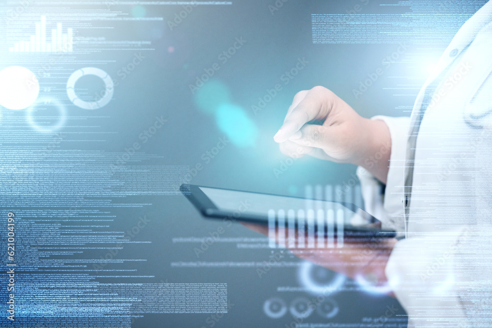 Poster doctor, hands and tablet with data overlay for healthcare innovation, statistics or analytics in sci