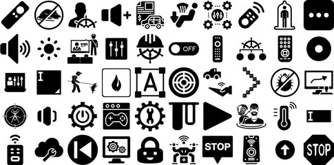 Big Set Of Control Icons Collection Hand-Drawn Linear Infographic Symbol Option, Magnifier, Level, Icon Glyphs Isolated On White