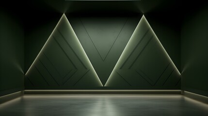 Empty geometrical Room in Olive Green Colors with beautiful Lighting. Futuristic Background for Product Presentation.