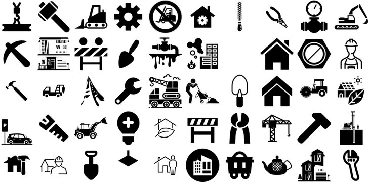 Big Set Of Construction Icons Pack Hand-Drawn Isolated Simple Silhouette Engineering, Tool, Measurement, Set Symbol Vector Illustration