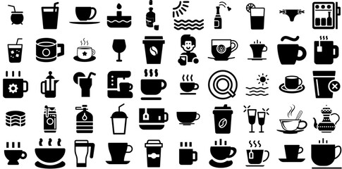Big Set Of Drink Icons Pack Black Simple Symbols Sweet, Milk, Infographic, Set Pictogram Isolated On White Background