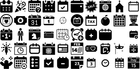 Mega Collection Of Event Icons Collection Hand-Drawn Black Simple Glyphs Festival, Silhouette, Icon, Symbol Buttons For Computer And Mobile