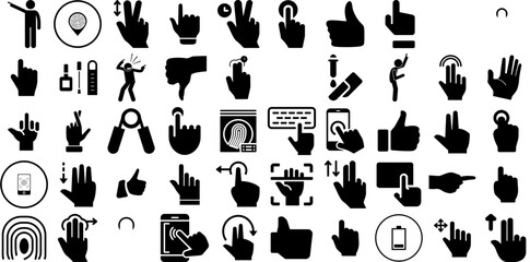 Mega Collection Of Finger Icons Collection Hand-Drawn Black Infographic Pictograms Icon, Pointer, Symbol, Glyphs Clip Art Isolated On White Background