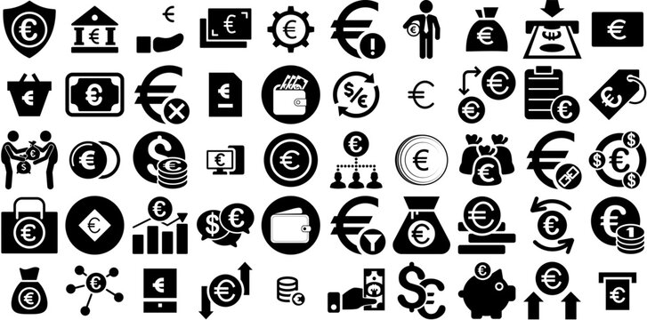 Huge Collection Of Euro Icons Set Hand-Drawn Black Vector Pictograms Symbol, Coin, Finance, Icon Pictograms Isolated On Transparent Background