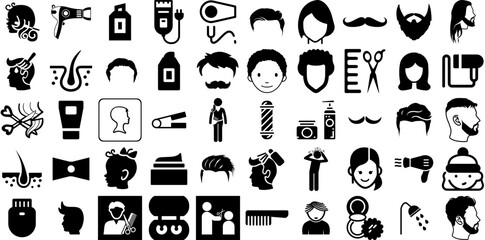 Huge Set Of Hair Icons Pack Hand-Drawn Isolated Infographic Symbol Straighten, Tool, Icon, Open Doodles Vector Illustration