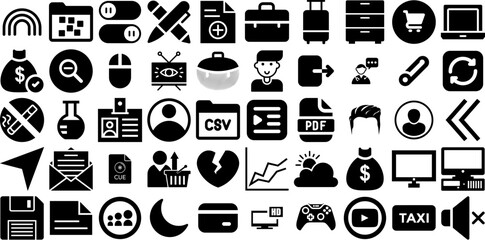 Huge Set Of Icon Icons Bundle Linear Cartoon Silhouette Engineering, Patio, Tool, Biker Symbol For Computer And Mobile