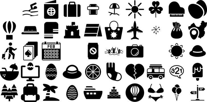 Big Set Of Holiday Icons Collection Hand-Drawn Black Design Signs Symbol, Apple, Holiday Maker, Icon Buttons Isolated On White