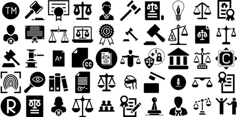 Big Collection Of Legal Icons Collection Flat Cartoon Elements Justice, Business, Court, Icon Doodles Isolated On White Background