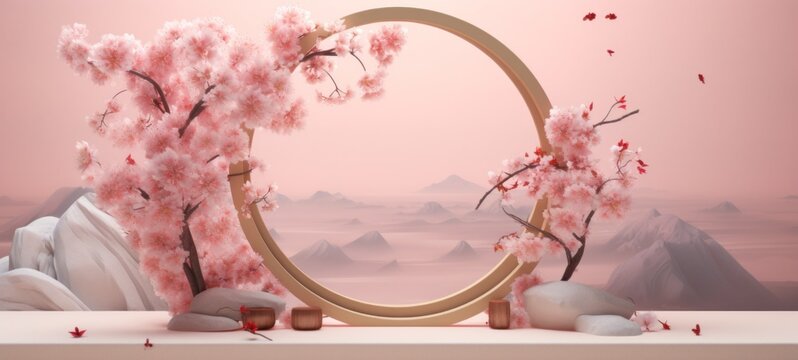 Japanese style background full of plum and cherry blossoms, realistic 3d podium in pastel 3D render. Golden display podium on silk, super detailed, highly detailed a high quality photograph.