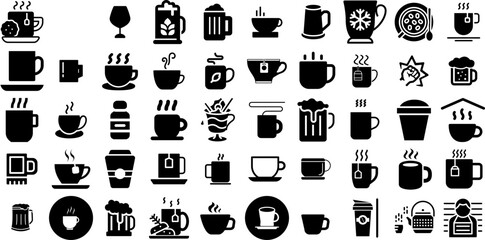 Big Collection Of Mug Icons Collection Hand-Drawn Solid Infographic Symbols Icon, Coffee Cup, Outline, Pint Illustration Isolated On Transparent Background