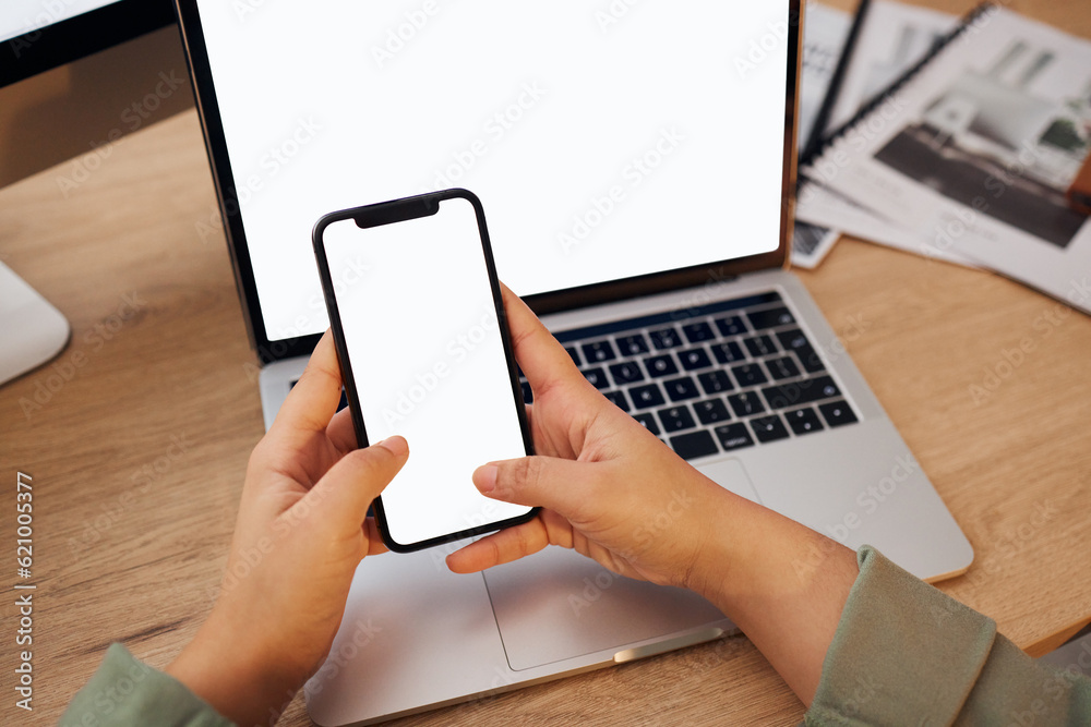 Poster screen, laptop and person typing on a phone and search internet for branding and business technology
