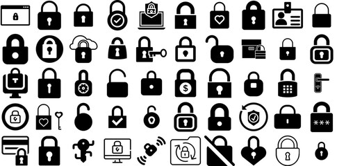 Mega Set Of Padlock Icons Collection Hand-Drawn Isolated Simple Elements Mark, Open, Icon, Security Pictograph Isolated On Transparent Background