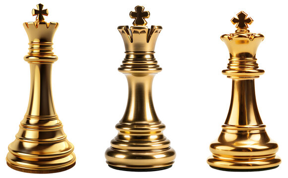 Set of golden chess kings. Design elements for business, competition, sports, logic. Classic chess pieces. Golden chess. Isolated on transparent background. KI.