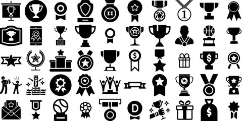 Huge Collection Of Reward Icons Set Flat Cartoon Pictogram Distribution, Speaker, Icon, Ribbon Pictograms Isolated On Transparent Background