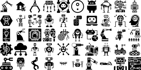 Massive Collection Of Robot Icons Collection Hand-Drawn Isolated Vector Signs Aerial, Weightlifter, Icon, Spot Pictograms Isolated On White Background