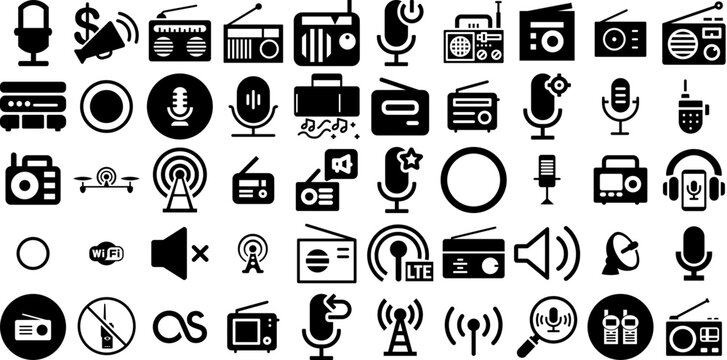Mega Collection Of Radio Icons Bundle Black Design Pictograms Aerial, Icon, Control, Frequency Logotype Isolated On White