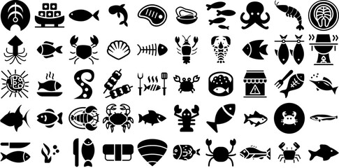 Massive Set Of Seafood Icons Pack Isolated Vector Elements Home Delivery, Icon, Oyster Shell, Creature Element Vector Illustration