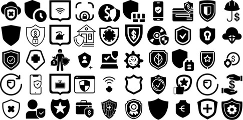 Mega Set Of Shield Icons Set Flat Design Silhouette Mark, Icon, Badge, Symbol Clip Art Vector Illustration
