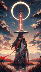 cyber rural japan landscape with cyber samurai standing in pose with a long white glowing katana, Generative AI