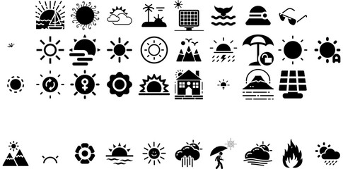 Huge Collection Of Sun Icons Set Flat Drawing Elements Mark, Hand-Drawn, Set, Sweet Silhouettes For Computer And Mobile