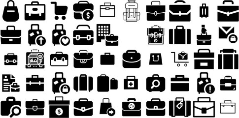 Big Set Of Suitcase Icons Bundle Isolated Infographic Symbol Suitcase, Trip, Baggage, Icon Symbol Isolated On Transparent Background