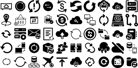 Mega Set Of Sync Icons Bundle Black Design Web Icon Sync, Chat, Refresh, Icon Buttons Isolated On Transparent Background