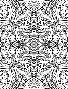 Ornamental mandala adult coloring book page. Zentangle style coloring page. Arabic, Indian ornament