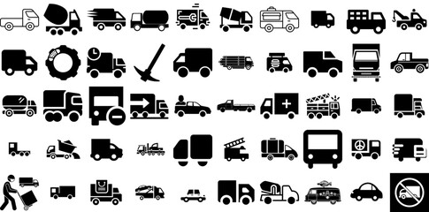 Big Set Of Truck Icons Pack Solid Design Silhouettes Fuel, Icon, Symbol, Garden Elements Isolated On Transparent Background