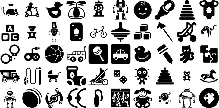 Huge Set Of Toy Icons Collection Isolated Concept Pictogram Carrier, Construction, Icon, Head Pictogram Isolated On Transparent Background