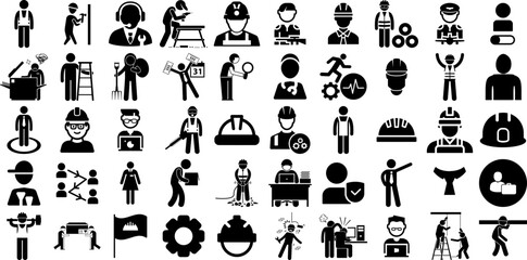 Mega Set Of Worker Icons Set Hand-Drawn Black Cartoon Symbols Businesswoman, Welfare, Businessman, Worker Pictograph Isolated On White Background