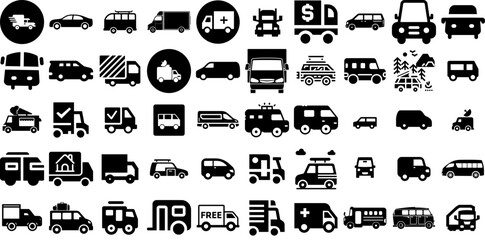 Big Collection Of Van Icons Collection Isolated Simple Clip Art Shopping, Product, Coin, Service Logotype Isolated On White Background