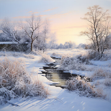 beautiful winter spring nature landscape trees stream, painted with paints