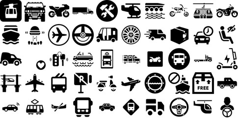Mega Collection Of Transportation Icons Bundle Linear Vector Symbols Global, Set, Bus, Funicular Elements Isolated On White Background - obrazy, fototapety, plakaty